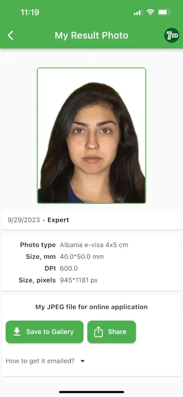 7ID-app: Albanien-visumfotoprøve