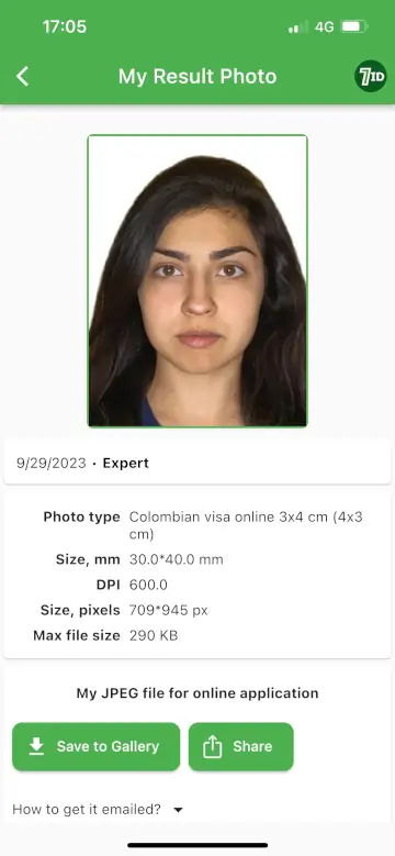 7ID App: Colombia e-Visa Photo Example