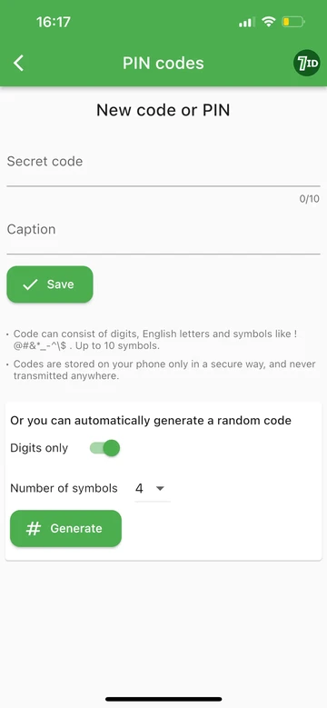 7ID: Додайте новий PIN-код або згенеруйте його